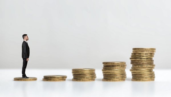 Man standing on one coin, looking out to larger and larger stacks of coins ahead.