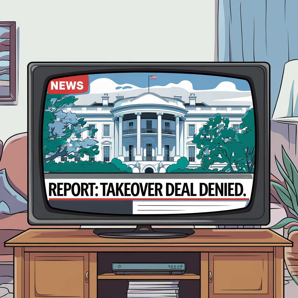 cartoon TV showing the White House and a news headline saying the takeover was denied